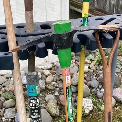 LOT 134: Gardening Tool Rack with Shovels, Pick, Ax, Hoe and More