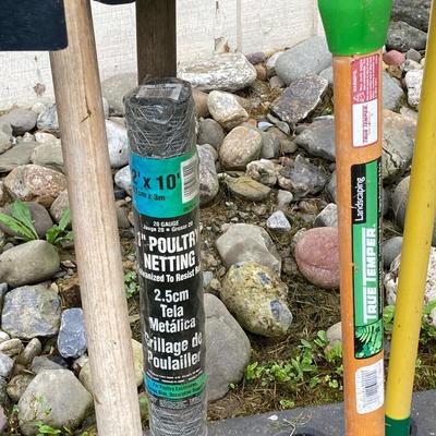 LOT 134: Gardening Tool Rack with Shovels, Pick, Ax, Hoe and More