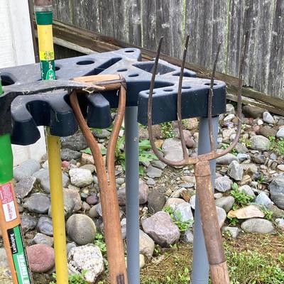 LOT 134: Gardening Tool Rack with Shovels, Pick, Ax, Hoe and More