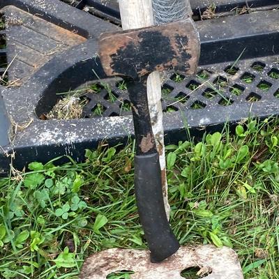 LOT 134: Gardening Tool Rack with Shovels, Pick, Ax, Hoe and More