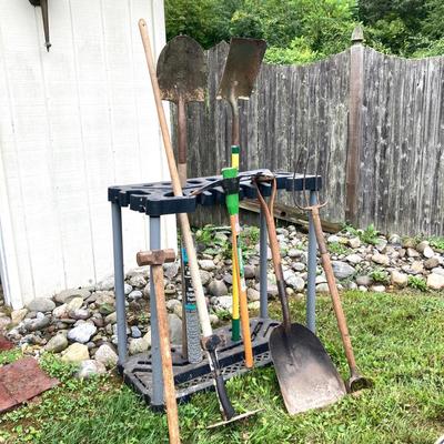 LOT 134: Gardening Tool Rack with Shovels, Pick, Ax, Hoe and More