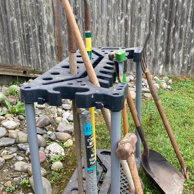LOT 134: Gardening Tool Rack with Shovels, Pick, Ax, Hoe and More