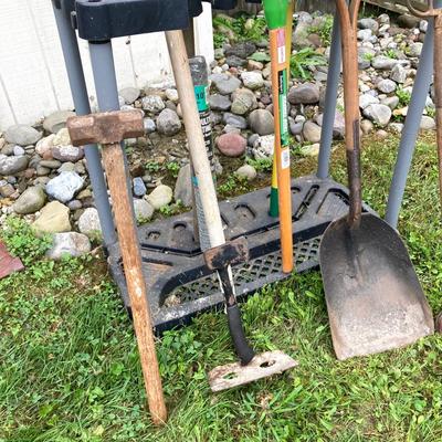 LOT 134: Gardening Tool Rack with Shovels, Pick, Ax, Hoe and More