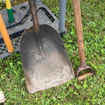 LOT 134: Gardening Tool Rack with Shovels, Pick, Ax, Hoe and More