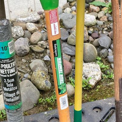 LOT 134: Gardening Tool Rack with Shovels, Pick, Ax, Hoe and More