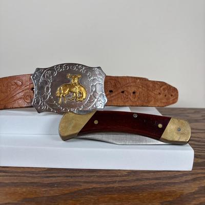 LOT 138: Rodeo Cowboy Belt Buckle w/Leather Belt & Uncle Henry Schrade Pocket Knife