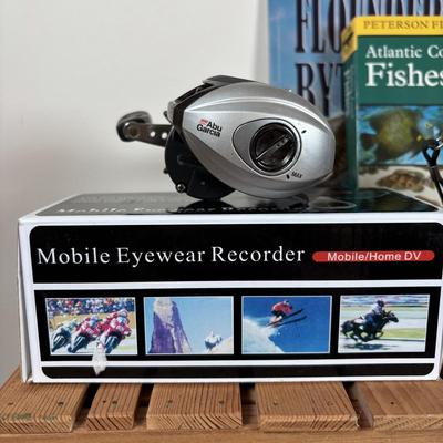 LOT 141: Fishing & More Collection: Bushnell Binoculars Mobile Eyewear Recorder, Fishing Reels, Realistic Weather Band Radio, Wooden...