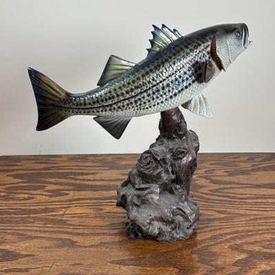LOT 142: Outdoor Life Collection: Made in USA Belt Buckle, Danbury Mint Collectors Plate, Binoculars, Fishing Reel & Resin Striped Bass