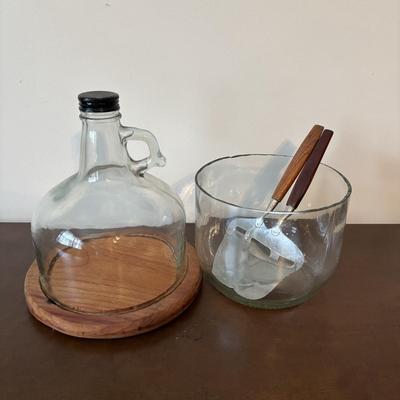 LOT 145: Revolving Liquor Caddy, Hand Crafted Cheese & Cracker Jug, Oversize Stell Artois & Champagne Glasses