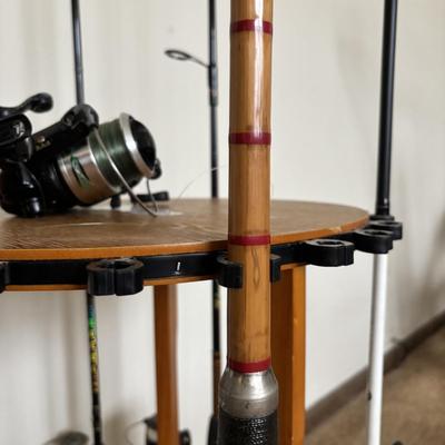 LOT 146: Fishing Rod Holder w/Fishing Rods & Reels