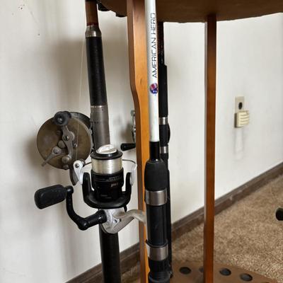 LOT 146: Fishing Rod Holder w/Fishing Rods & Reels