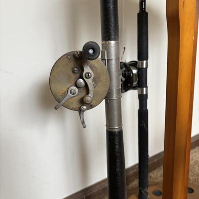 LOT 146: Fishing Rod Holder w/Fishing Rods & Reels