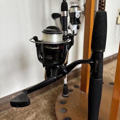 LOT 146: Fishing Rod Holder w/Fishing Rods & Reels