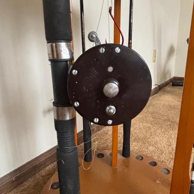 LOT 146: Fishing Rod Holder w/Fishing Rods & Reels