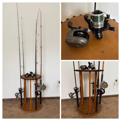 LOT 146: Fishing Rod Holder w/Fishing Rods & Reels