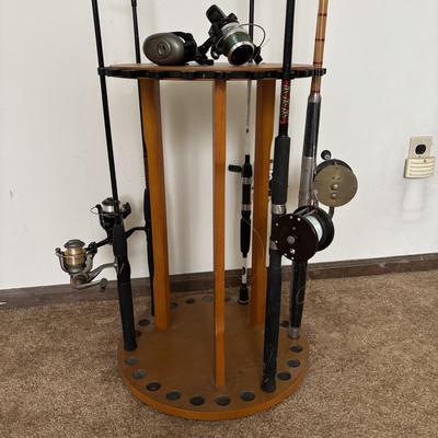 LOT 146: Fishing Rod Holder w/Fishing Rods & Reels