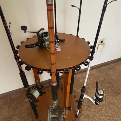 LOT 146: Fishing Rod Holder w/Fishing Rods & Reels