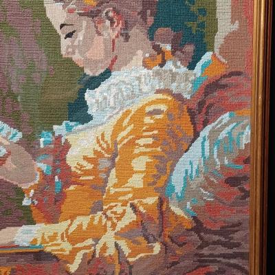 Sale Photo Thumbnail #61: Needlepoint Embroidery-
Fragonard's "Young Girl Reading" 
27x21
* Doily and wood riser not included