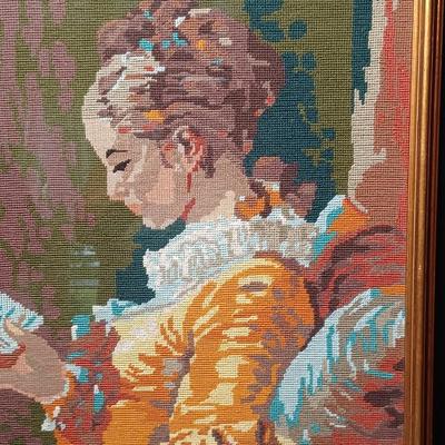 Sale Photo Thumbnail #62: Needlepoint Embroidery-
Fragonard's "Young Girl Reading" 
27x21
* Doily and wood riser not included