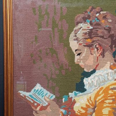 Sale Photo Thumbnail #63: Needlepoint Embroidery-
Fragonard's "Young Girl Reading" 
27x21
* Doily and wood riser not included