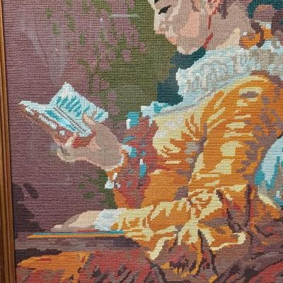 Sale Photo Thumbnail #60: Needlepoint Embroidery-
Fragonard's "Young Girl Reading" 
27x21
* Doily and wood riser not included