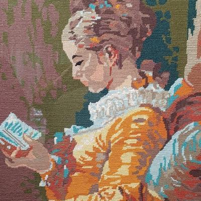Sale Photo Thumbnail #59: Needlepoint Embroidery-
Fragonard's "Young Girl Reading" 
27x21
* Doily and wood riser not included