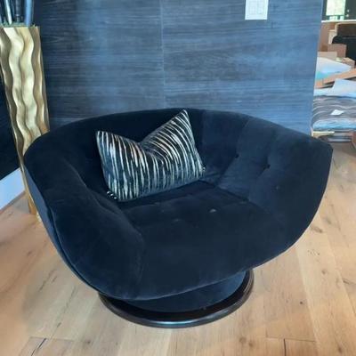 RH Restoration Hardware Swivel Black Velvet Chair with Black Throw Pillow