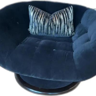 RH Restoration Hardware Swivel Black Velvet Chair with Black Throw Pillow