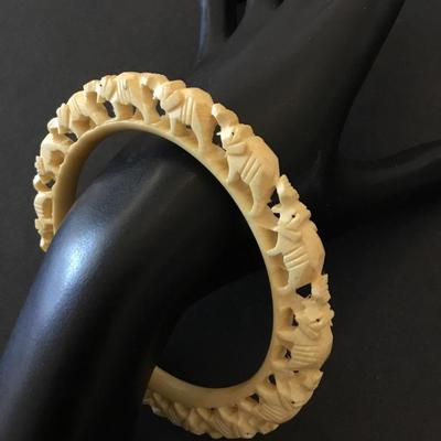 Vintage, natural carved elephant, bangle bracelet, walking elephant bangle