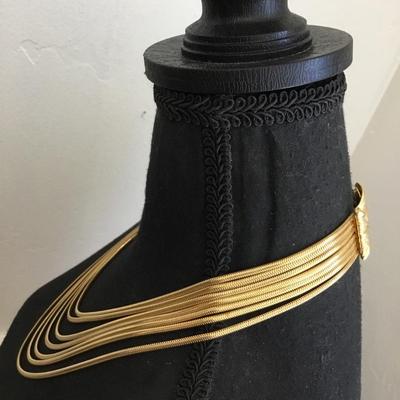 Beautiful vintage, goldtone, multi strand, chain statement, necklace, beautiful bow clasp