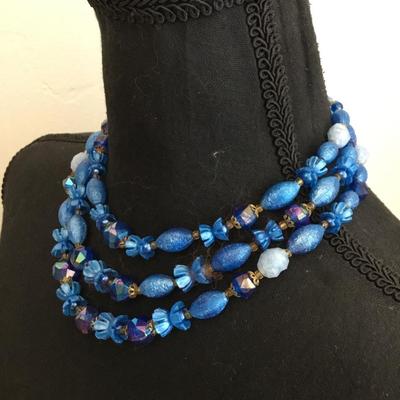 Beautiful, electric blue, multi strand, beaded statement, necklace, vintage