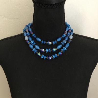 Beautiful, electric blue, multi strand, beaded statement, necklace, vintage