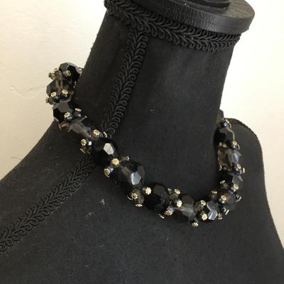 Beautiful, black and smoky, faceted, chunky glass collar necklace, statement, necklace