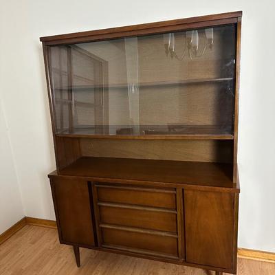 Mid-Century Modern Bassett Walnut China Cabinet with Sliding Glass Doors
