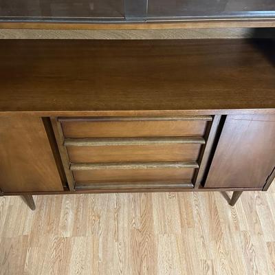 Mid-Century Modern Bassett Walnut China Cabinet with Sliding Glass Doors