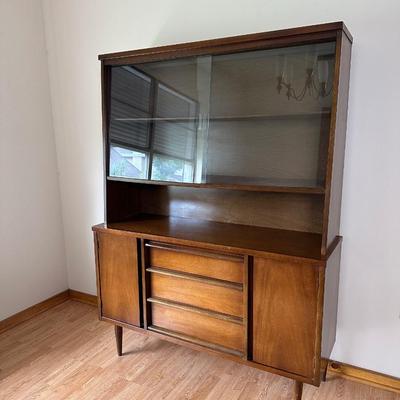 Mid-Century Modern Bassett Walnut China Cabinet with Sliding Glass Doors