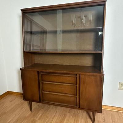 Mid-Century Modern Bassett Walnut China Cabinet with Sliding Glass Doors