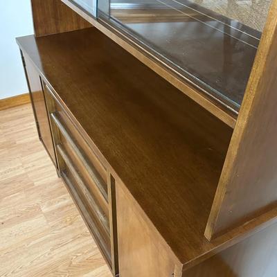 Mid-Century Modern Bassett Walnut China Cabinet with Sliding Glass Doors