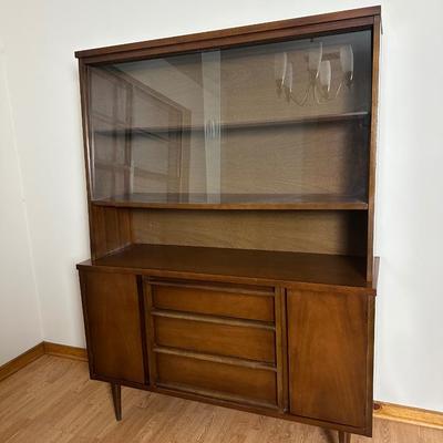 Mid-Century Modern Bassett Walnut China Cabinet with Sliding Glass Doors