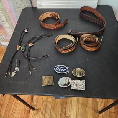 Vintage Leather Belts, Bolo ties , Ford, Union Pacific Railroad, Western Pacific ,Bison Buckle