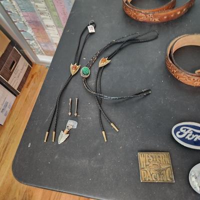 Vintage Leather Belts, Bolo ties , Ford, Union Pacific Railroad, Western Pacific ,Bison Buckle