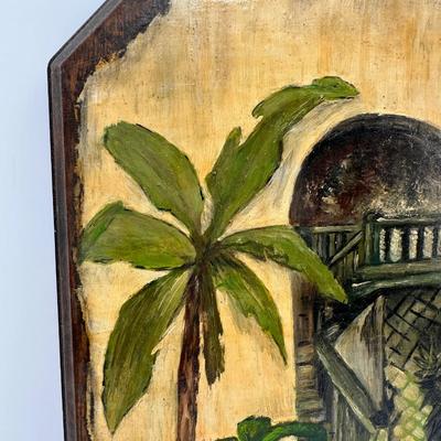 Vintage Hand-Painted Courtyard Scene on Wood Wall Plaque