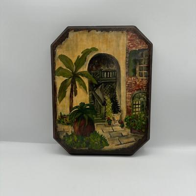 Vintage Hand-Painted Courtyard Scene on Wood Wall Plaque