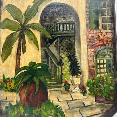 Vintage Hand-Painted Courtyard Scene on Wood Wall Plaque