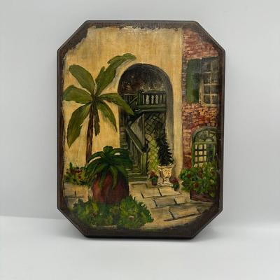 Vintage Hand-Painted Courtyard Scene on Wood Wall Plaque
