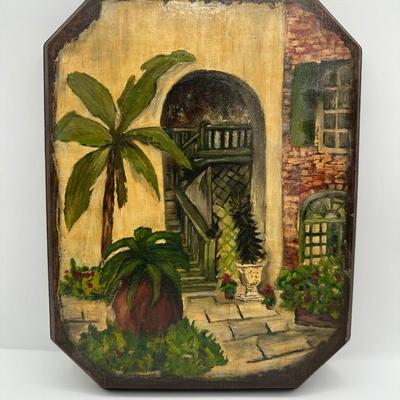 Vintage Hand-Painted Courtyard Scene on Wood Wall Plaque