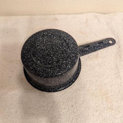 Sale Photo Thumbnail #499: black speckled enamelware small saucepan