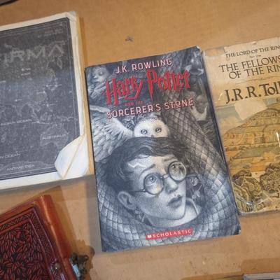 Leatherbound sketchbook and various books-JRR Tolkien, Dr Who, Attack on Titan and more