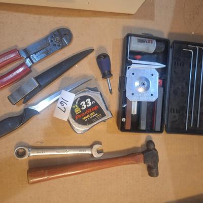 Sale Photo Thumbnail #685: Misc tools, sharpener, tape measure and more