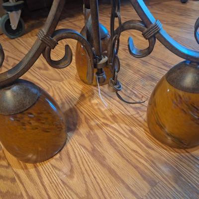 Sale Photo Thumbnail #1315: hanging light fixture- 3 lights, rubbed oin bronze and brown glass globes